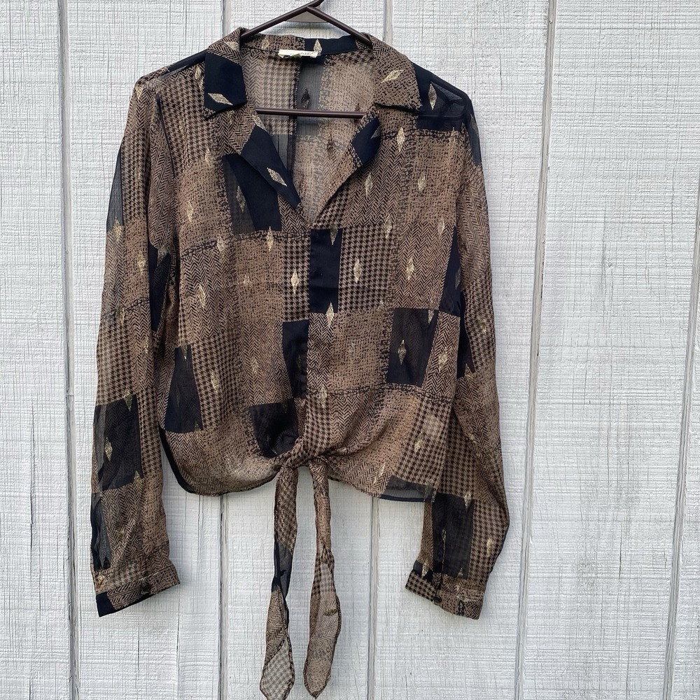 Mystree Brown Black Gold Anthro Blouse Tie Front Longsleeved Semi Sheer Medium